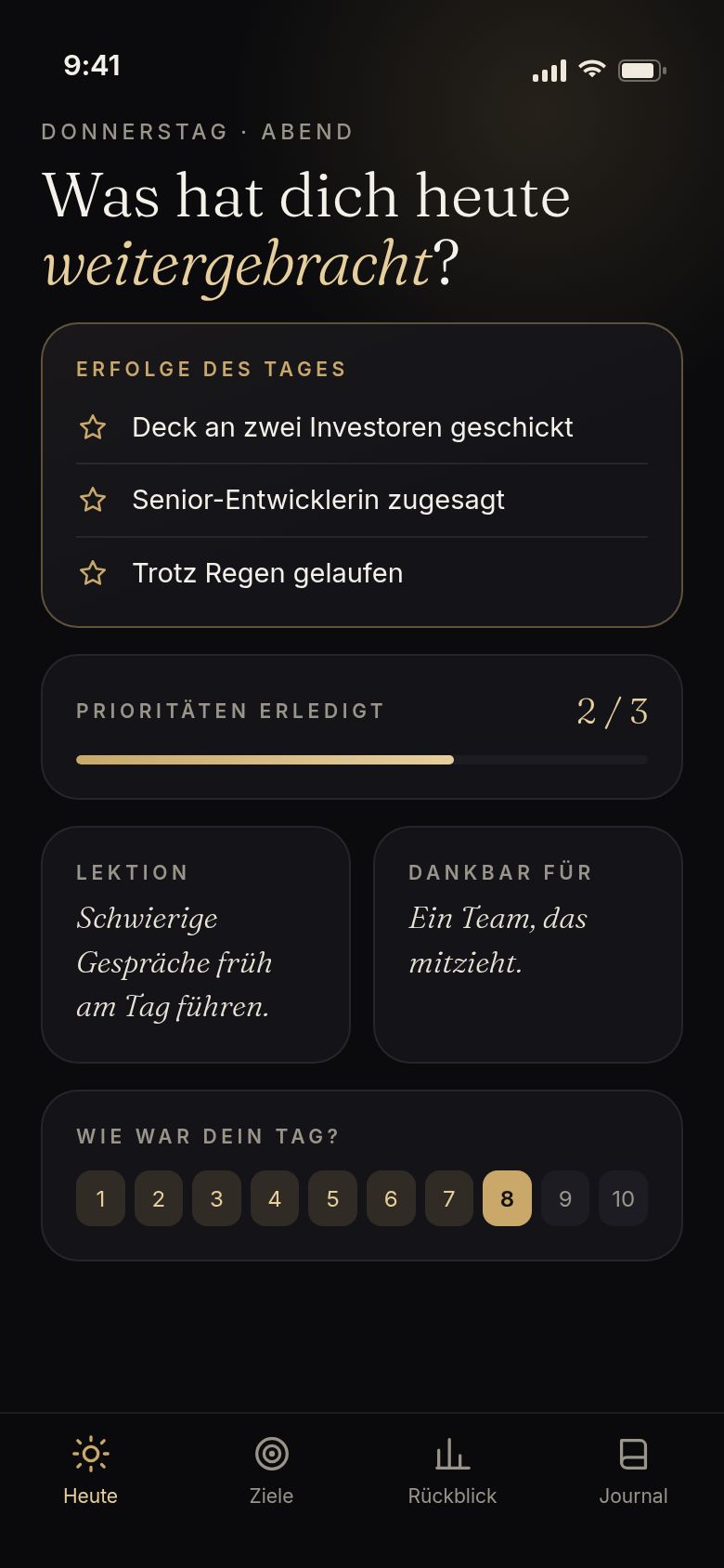 Masterday: Abendritual mit Erfolgen, erledigten Prioritäten, Lektion, Dankbarkeit und Tagesbewertung