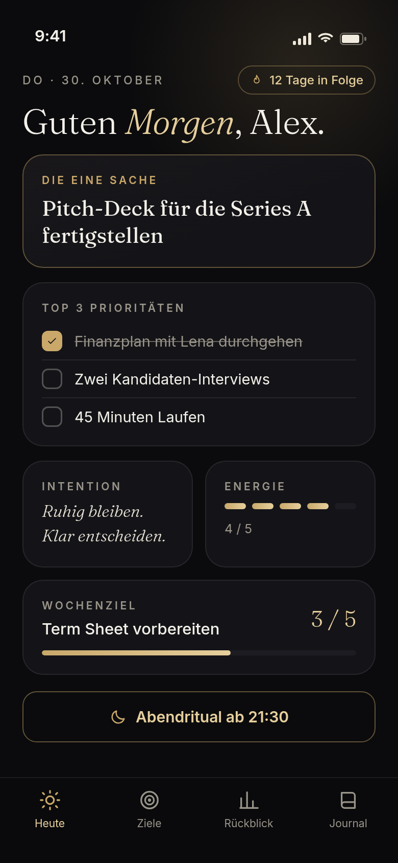 Masterday: Morgenritual mit der einen Sache, drei Prioritäten, Intention und Energie